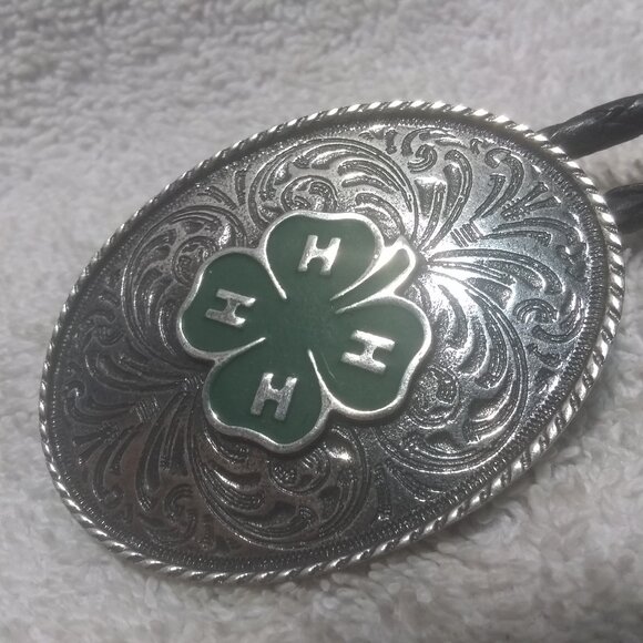 Montana Silversmiths 4 H Clover Bolo Tie Silver Engraved Oval Black Ties NIP - Picture 1 of 6